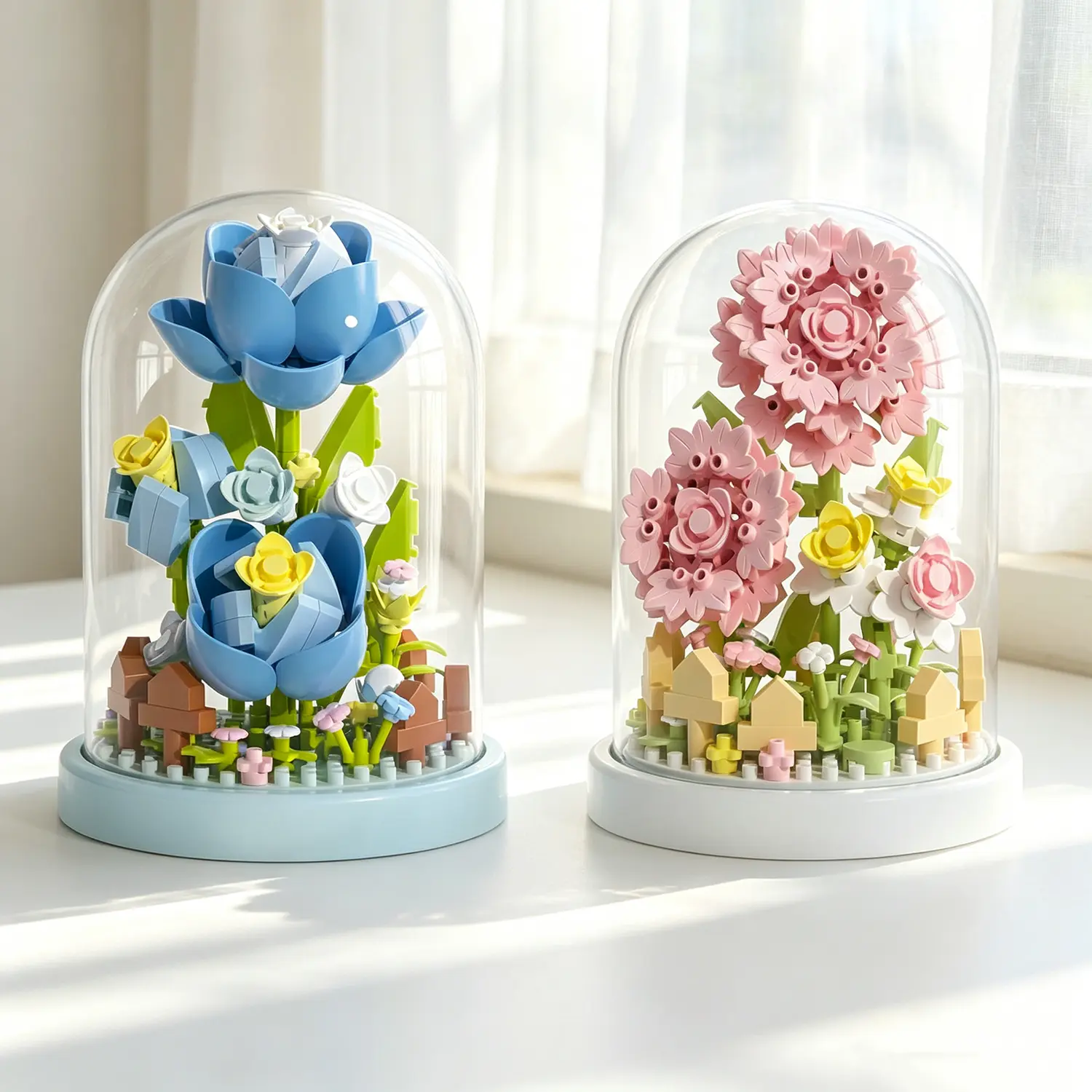 2-Pack Unisex DIY Mini Flower Micro Bricks Sets, 12+ Years ABS Plastic Unassembled Blue Rose & Pink Peony Botanical Toy Kit with Display Cover, Table Desk Decorating Gift for Building Block Fans
