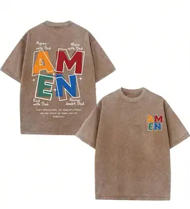AMEN Classic Letter Header T-Shirt for Men Women Vintage Distressed 230g Washed Cotton Casual Fit God Bless  (regular cotton/washed cotton) You Design Faith Christian Patriotic Round Neck Streetwear t shirts good graphic tees vintage t shirts Crewneck