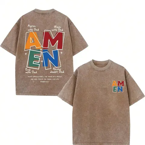 Men's Round Neck Graphic Christian Patriotic Tee - 230g Washed Cotton, Bold "Amen" Print, "Agree with God", Vintage Distressed, Casual Fitted Classic Streetwear Clothing Shirts (Regular Option)