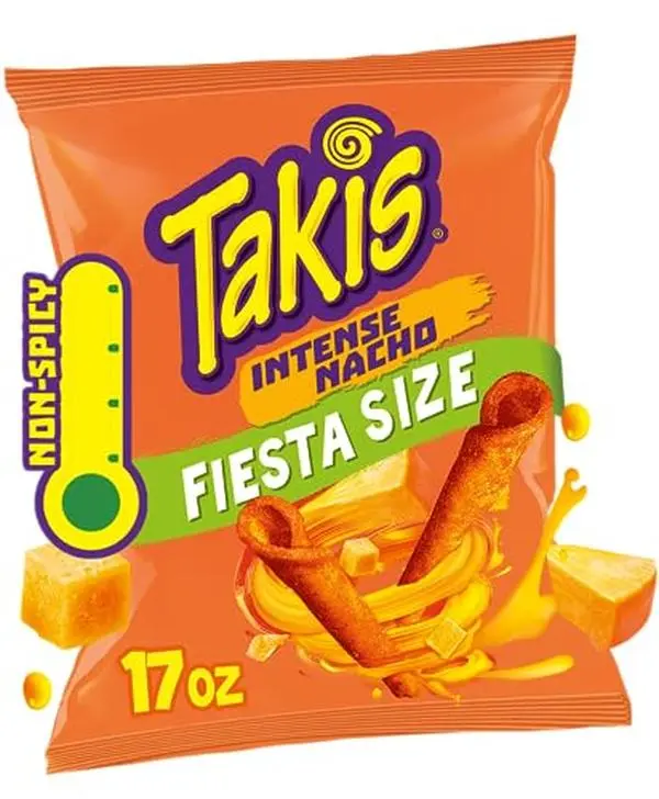 Takis Intense Nacho 17 oz Fiesta Size Bag, Cheese Flavored Non-Spicy Cheesy Rolled Tortilla Chips