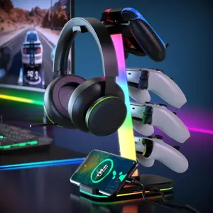 P-CPS025   Gaming Headphones Stand with Charging Station, RGB Headset Stand with 10 Light Modes, 4 Controller Holder with 1 USB & 2 Type-C Charging Ports - Earphone Hook for PC Desktop Gamer Accessories Storage