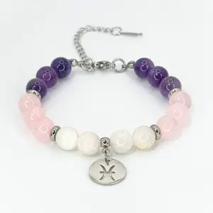 FIMENESS PISCES ENERGY BRACELET AMETHYST, ROSE QUARTZ AND MOONSTONE NATURAL STONE 8MM BEAD COMBINATION HAND MADE STAINLESS STEEL NON-TARNISH JEWELRY
