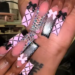 20-Piece Long Curved Fake Nails Set, Gradient Base with Diamond Pattern, Rhinestones & Bow Design, Perfect for Stylish Manicures, Wedding Nails