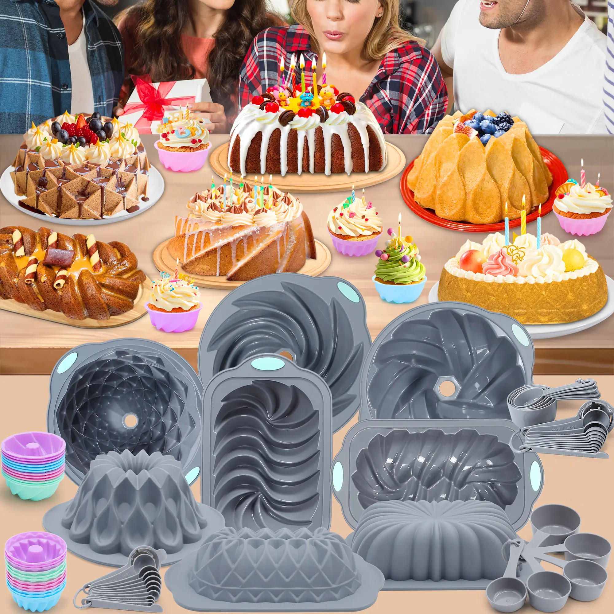 66/45 /21Pieces  Silicone Wavy Cake Mold Set - BPA-Free Loaf Pan & Hollow Pan for Cakes Breads Jellies - Non-Toxic Heat-Resistant Baking Tools - Perfect Gift for Holidays， Mother's Day Gifts，SummerVibes