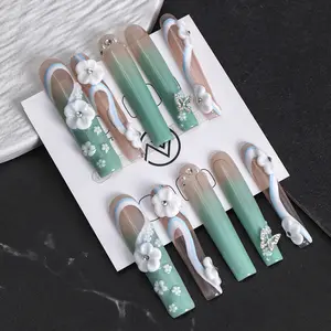 ZVNAIL Long Square Acrylic Press On Nails (2.2" Length, L1-L20), 10Pcs/Set Handmade Art, Free Waterproof Manicure Tool for Daily Luxury Care