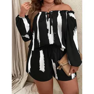 ��Plus Size��Two-Piece Set All Over Print Frill Trim Cut Out Tie Front Blouse & Shorts, Off Shoulder Bishop Sleeve Top & Knot Front Shorts, Women's Outfits for Summer, Matching Sets, Womenswear, Lady