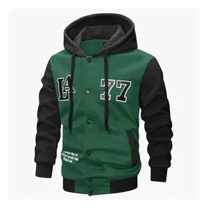 Men’s Letter Color-Block Hooded Baseball Jacket — Soft, skin-friendly casual jacket suitable for streetwear, commuting, and strolling.