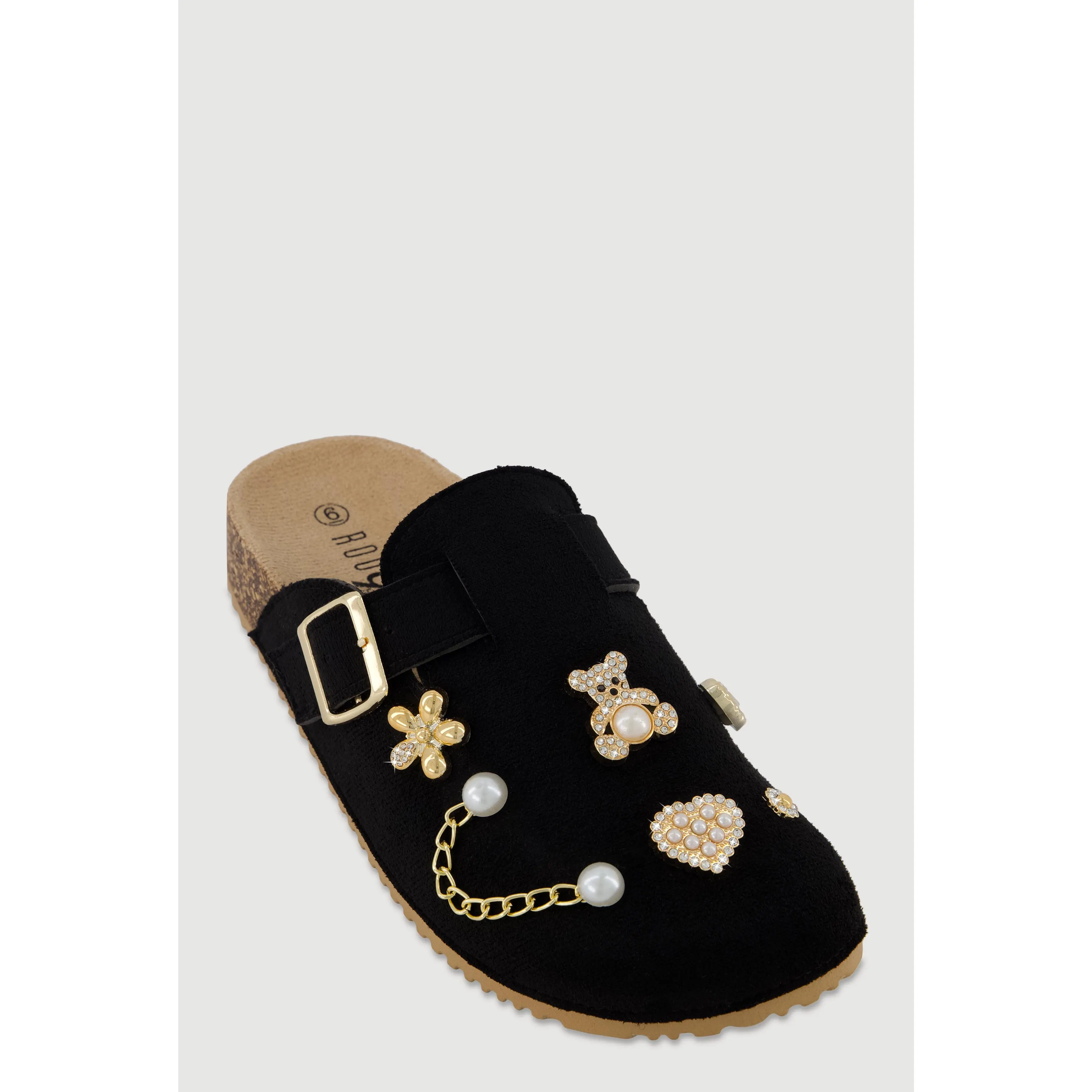 Faux Suede Clogs with Rhinestone and Faux Pearl Charms