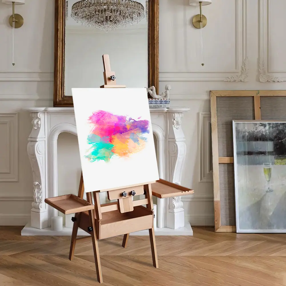 Wooden Foldable Freestanding Flat Easel with Drawer Tray - Adjustable Height (15.75x17.32x81.5 in), Light Transparent Finish, Effortless Mobility, Comprehensive Package, Luxurious Yet Practical Home Organizer for Artists' Sketching, Oil Painting