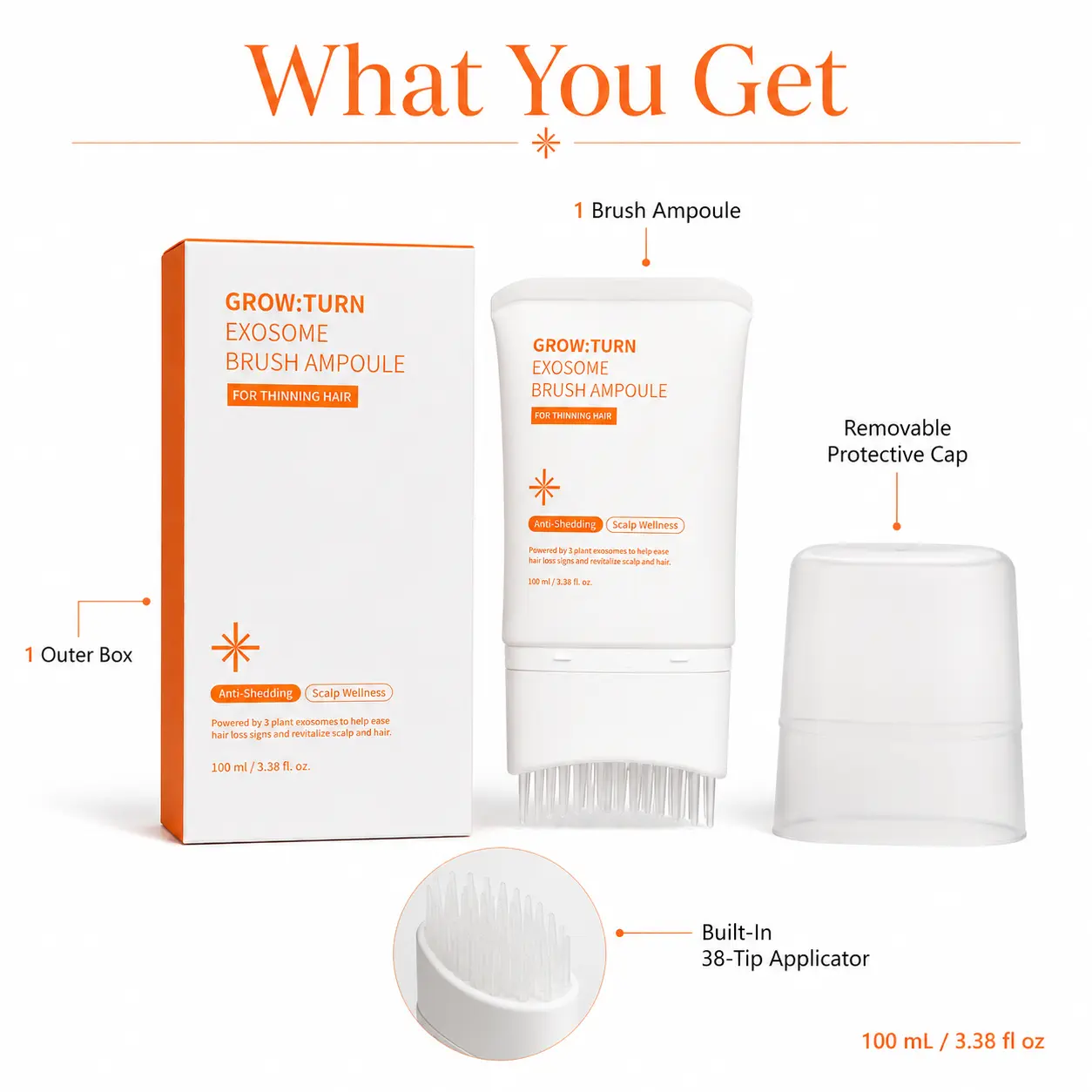 GROW:TURN Exosome Scalp Serum with Built-In 38-Tip Brush Applicator, Leave-In Scalp Care for Fine & Thinning-Looking Hair, Helps Refresh Dry Scalp, Smooth Hair & Support Fuller-Looking Roots, 100ml