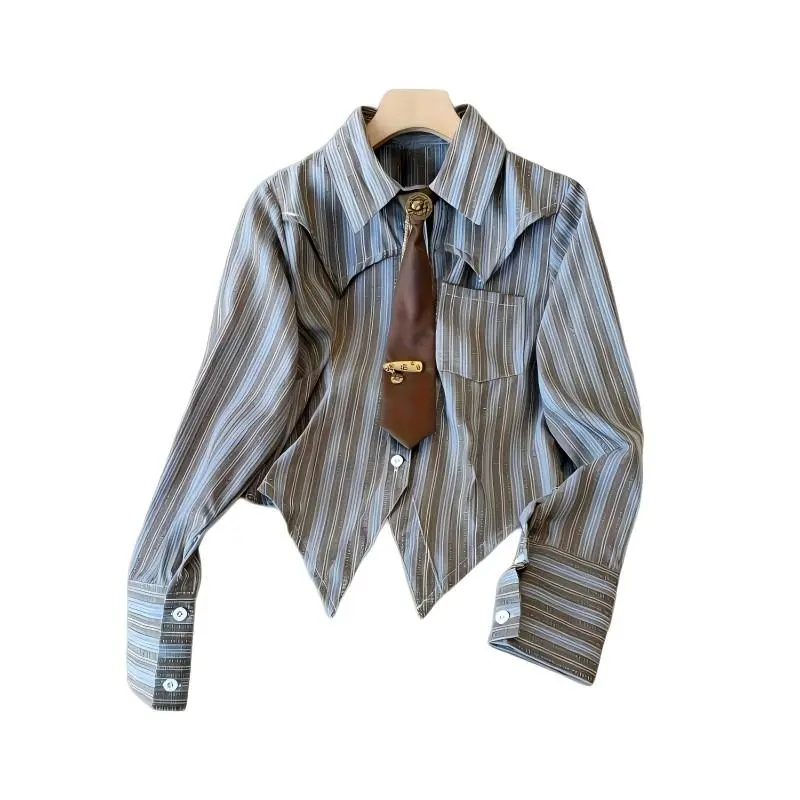Women's Vintage Striped Blouse, Long Sleeve Button-Up Fall Top in Woven Polyester Fabric with Contrast Polo Collar and Tie, Retro