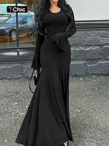 Women's Plain Lace Up Flounce Sleeve Dress, Casual Round Neck Long Sleeve Maxi Dress for Spring & Fall, Women's Clothing for Daily Wear, Classy Modest Dresses