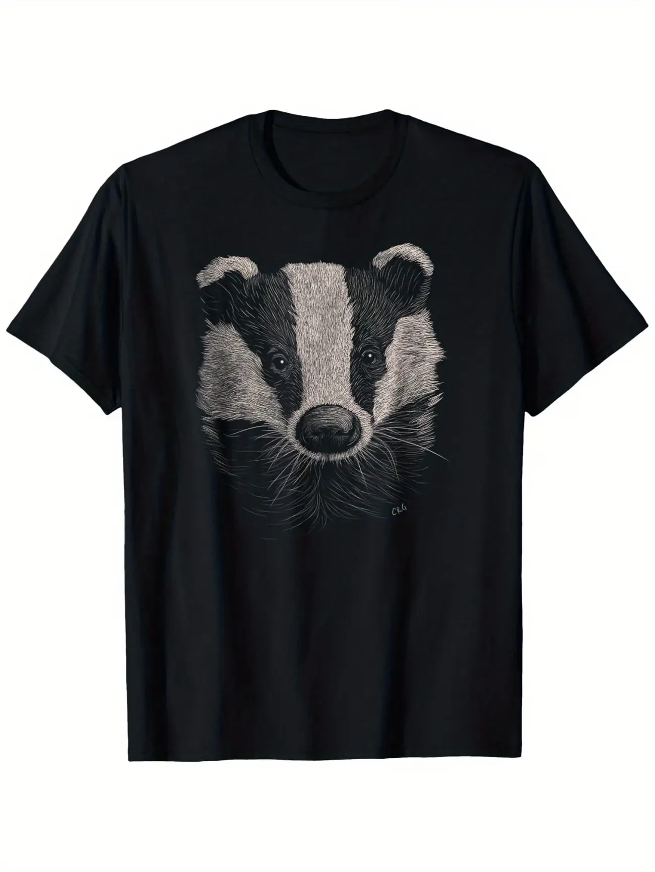 Men Crew‑Neck Short‑Sleeve T‑Shirt, 100% Cotton, Realistic Badger Face Graphic Print, Multi‑Season Outdoor Casual Top