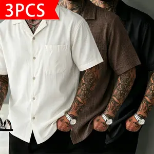 3-pack men’s short-sleeve shirts featuring a Cuban collar design, lightweight breathable fabric, and a loose casual fit—ideal for summer daily commutes and casual outings; cool, comfortable, and versatile.