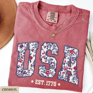 Comfort Colors USA Shirt, 4th of July shirt, floral USA tee, summer patriotic shirt for women, America est 1776 shirt, red white blue shirt - LORA ATCHER