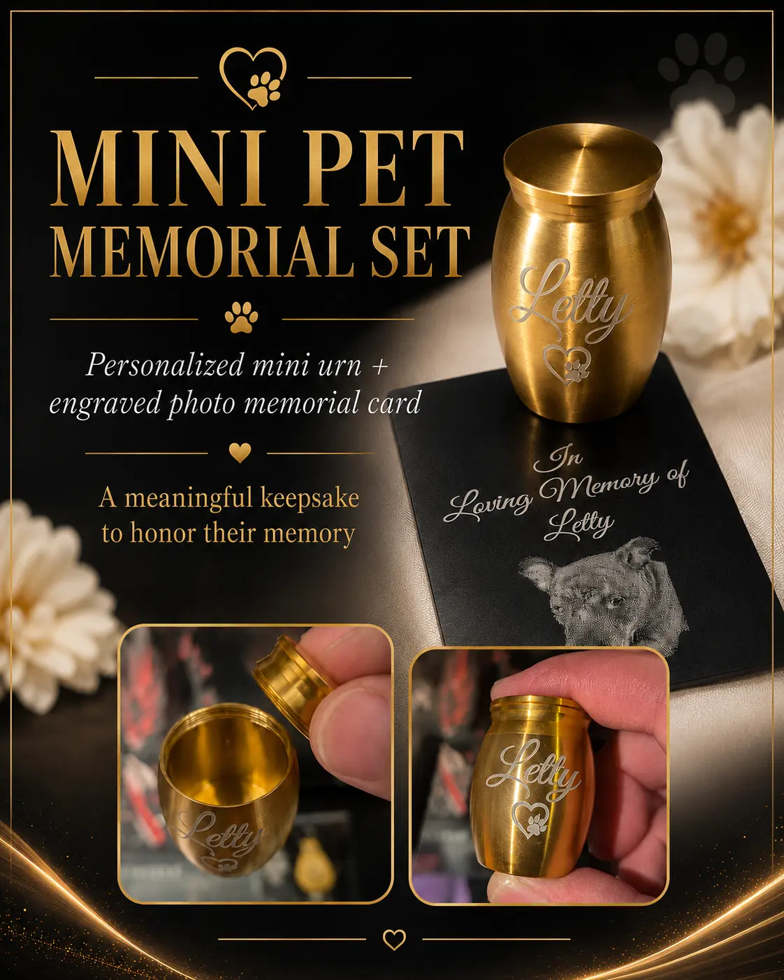 Personalized Mini Pet Memorial Set – Custom Urn & Photo-Engraved Metal Card