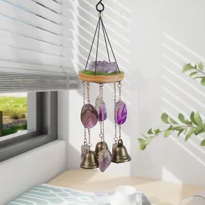 Boho Outdoor Decoration Wind Chimes, Purple Agate Slice Bell Design Dream Catcher, Garden Terrace Patio Window Hanging Decor, Ideal Gift for Christmas & New Year, Wood, Garden Accessories