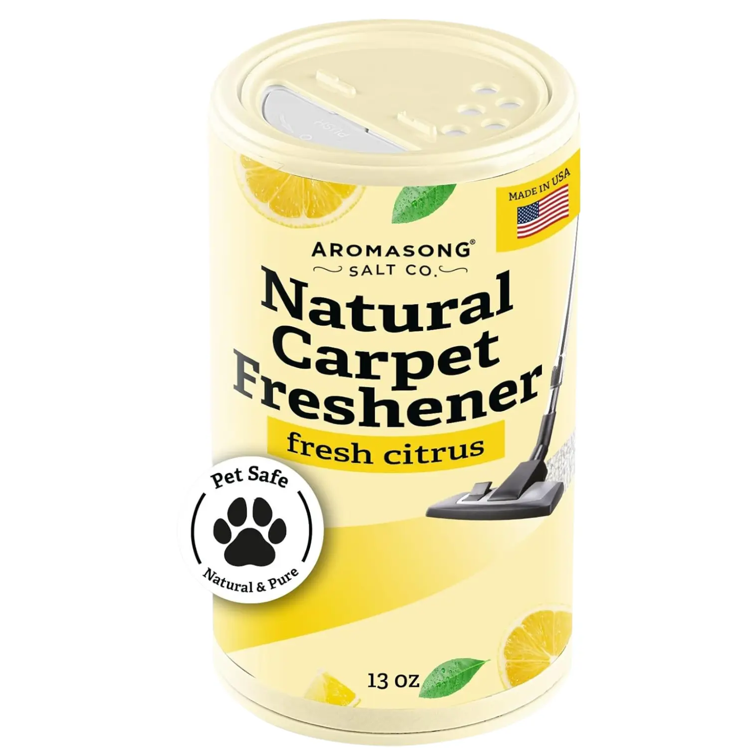 AROMASONG 13oz Non-Toxic Naturally Derived Solid Carpet Freshener Powder - 100% Citrus Scented, Pet-Safe, Vacuum-Ready, Made in USA, Pet Urine Odor Control (Home Care Household Cleaner)