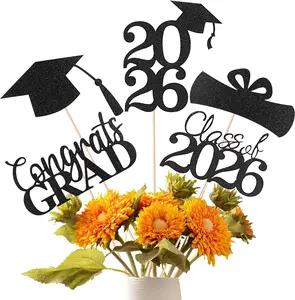 Graduation Decorations 2026, 20 PCS Sparkling Black Double-Sided Centerpiece Sticks for Tables, Class of 2026 Table Toppers and Party Supplies Cyunda