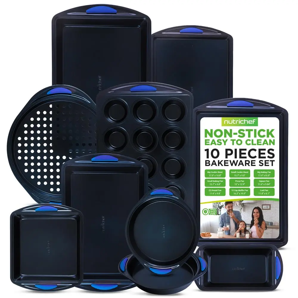 10-Piece Nonstick Bakeware Set | Carbon Steel Baking Pan Set with Blue Handles & Cookie Sheet - Oven-Safe & Freezer Safe - Stackable Design - Home Kitchen Baking Essentials for Everyday Use