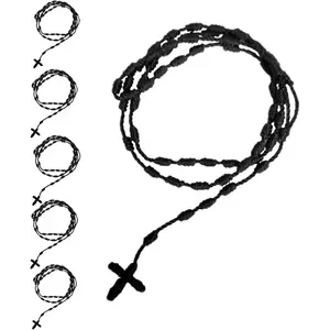 6counts/Set Black Knotted rosary with Cross Charm - Red thread rosary, Lightweight Catholic Spiritual Prayer Necklace, 18 Inch Rope Rosary Gift for Women Men