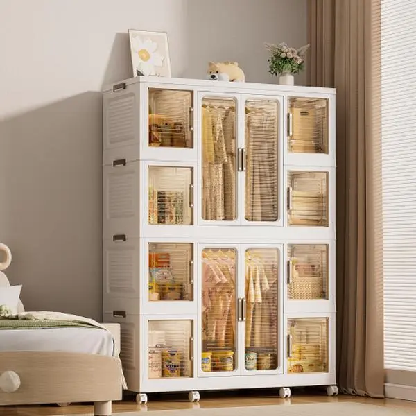 Bellemave Portable Wardrobe Storage Organizer - Storage Furniture with 12 Magnetic Doors (Magnetic Locks), 12 Cubes, 2 Hanging Rods, 16 Hangers, PP/ABS Build, Quick Setup Clothes Cabinet