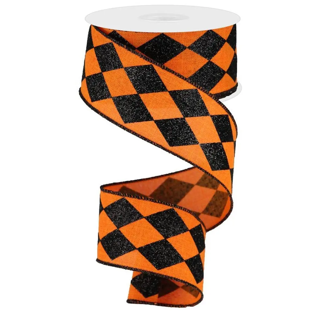 Orange & Black Harlequin Check Ribbon, 2" X 10YD