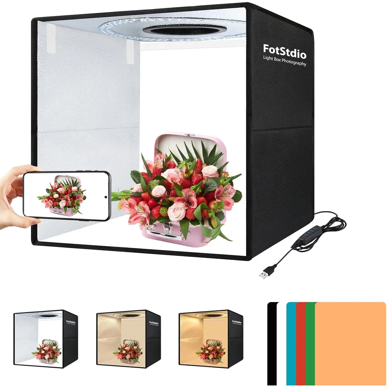 16x16 inch Large Photo Light Box with 224 LED Beads CRI >95 Professional Portable Photo Booth Shooting Tent Kit with 6 Color PVC Backdrops for Product Photography