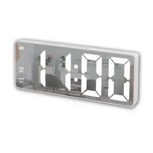 Digital Alarm Clock, Mirror Surface LED Electronic Clocks Large Display, Adjustable Brightness, Voice Control, Dual Power Supply, Snooze Model for Bedroom, Desk, Office, White Digit