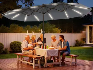 [2026 Upgrade] 13ft/15ft Solar LED Double-Sided Patio Umbrella with Base, UPF 50+ UV Protection Large Rectangular Outdoor Umbrella with Crank for Garden Deck Poolside