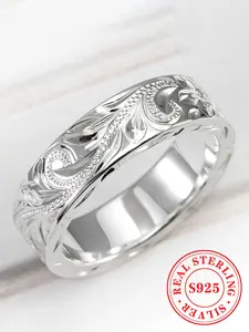 S925 Sterling Silver Ring, Vintage Style Engraved Texture Ring for Women & Girls,  Valentine's Gifts for Her, Fashion Simple Engagement Jewelry for Party, Daily Decor, Trendy All-match & Exquisite Jewelry for Anniversary Gift, Engagement Wedding Rings