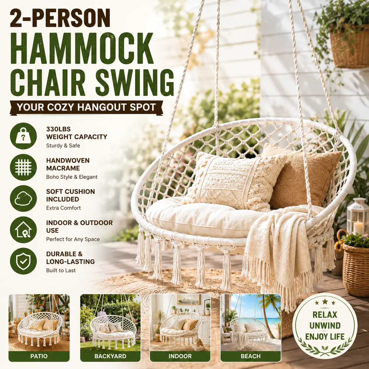 Hammock Chair Macrame Swing 2 Person Hanging Cotton Rope Chair with Soft Cushion Heavy Duty Modern Macrame Chair for Indoor Outdoor Home Bedroom Patio Backyard Garden Deck Aesthetic Boho Room Decor White Basket Rattan Adjustable