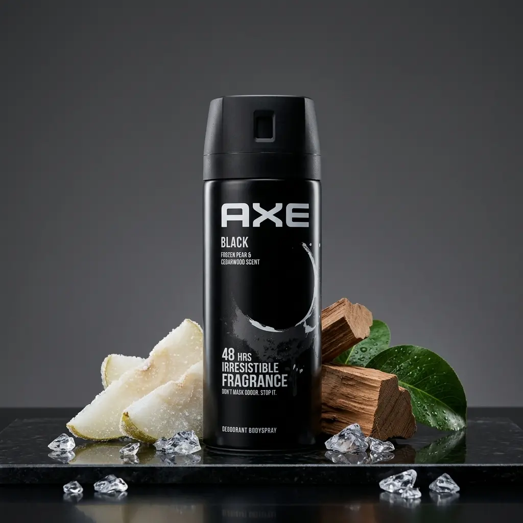 AXE Black Deodorant Body Spray for Men, Frozen Pear & Cedarwood Aroma, 48-Hour Odor Protection, Daily Use Aerosol, 5 oz (150ml), Scented, Body Care, Crisp Fruit