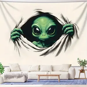 A cute green alien poked its head out from behind the wall.Digital printing polyester wall tapestry suitable for use in living rooms bedrooms offices bars party