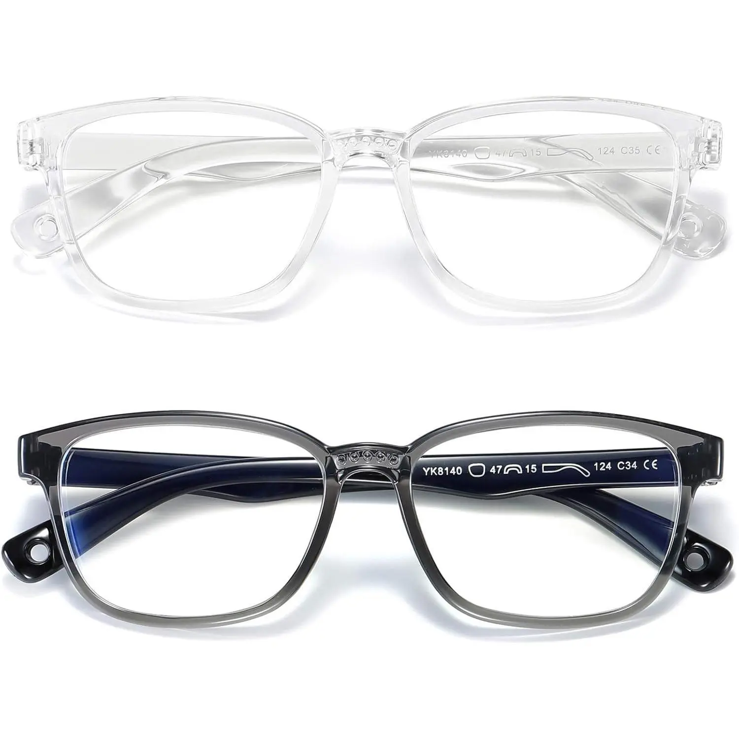 Kids Blue Light Blocking Glasses 2 Pack, Anti Eyestrain UV Protection, Computer Gaming TV Phone Glasses for Boys Girls Age 3-9 (Clear+ Transparent Black), Fishing, Classic, Fashion