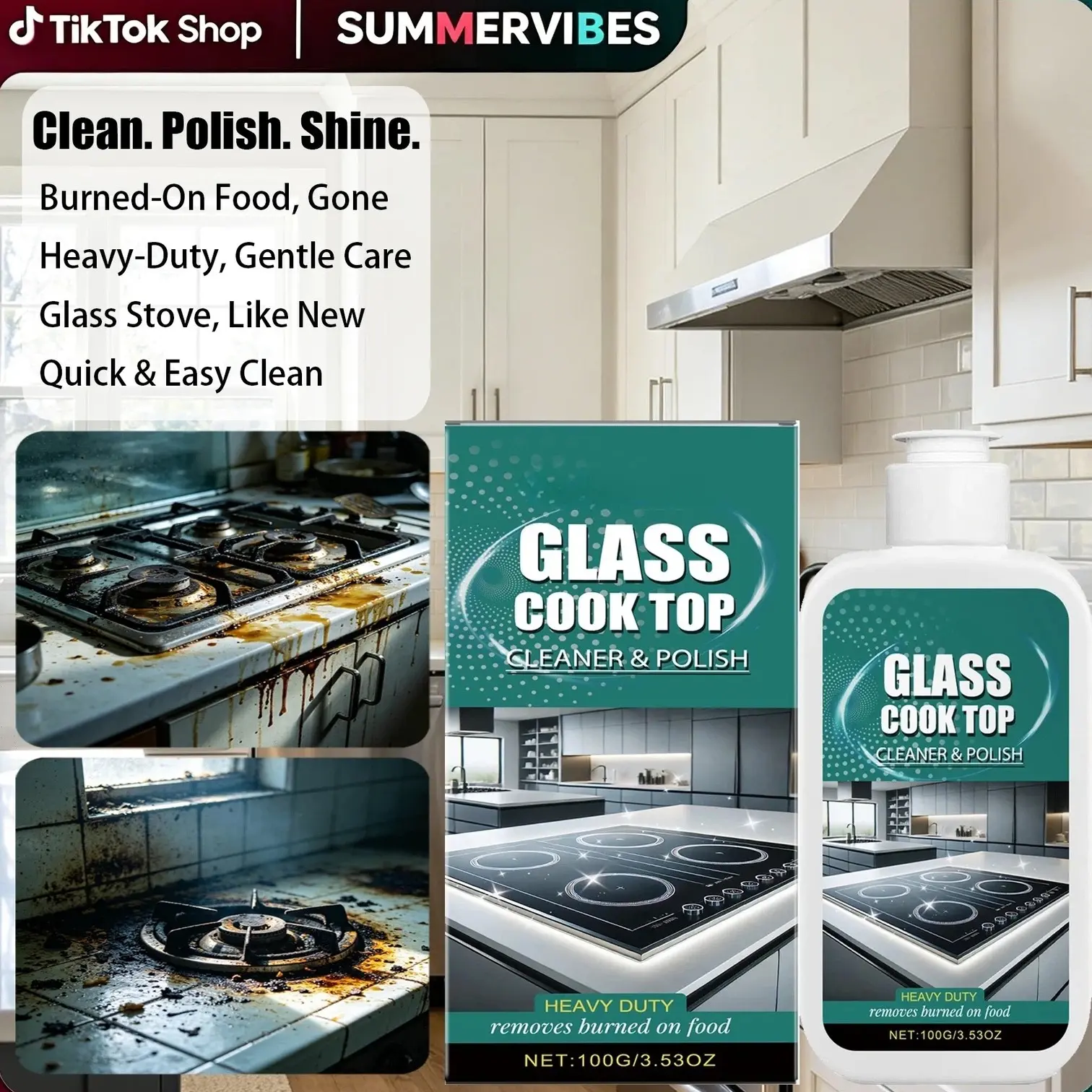 Glass Stove Cleaner Polish, 100g Heavy-Duty Glass Cooktop Cleaner for Ceramic & Electric Stoves, Kitchen Grease & Burnt Stain Remover, Stove Top Scratch-Free Polishing Cream for Deep Cleaning & Shine Restoration