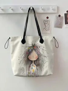 2D Printed Drawstring Tote Bag for Girls, Large Capacity Durable Lightweight Shopping Bag, Perfect for Work, Shopping and Picnics