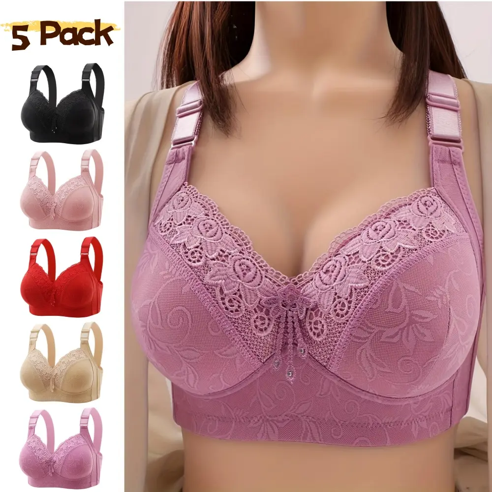 5-Pack/3-Pack Women's Full Coverage Support Bra, Adjustable Strap, Soft Breathable Cotton Blend Lace, Comfortable Daily Wear Lingerie for All Seasons -RR