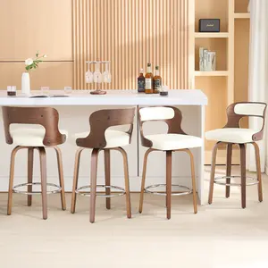 Set of 1/2/3/4 26" Counter Height Bar Stools - Mid-Century Modern Swivel Stools with Bentwood Legs, Leather Upholstery & 360° Rotation, Stylish Gray Beige Black White Seats for Kitchen, Home Bar or Restaurant