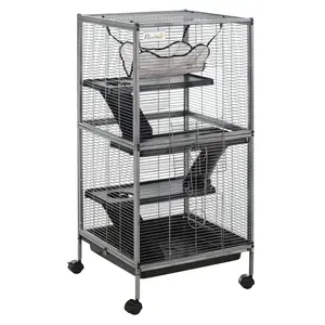 PawHut Metal Small Animal Cage Rolling Big Ferret Cage, Chinchilla Cage, Sugar Glider Cage, with Hammock & 4 Tiers, Removable Tray, White