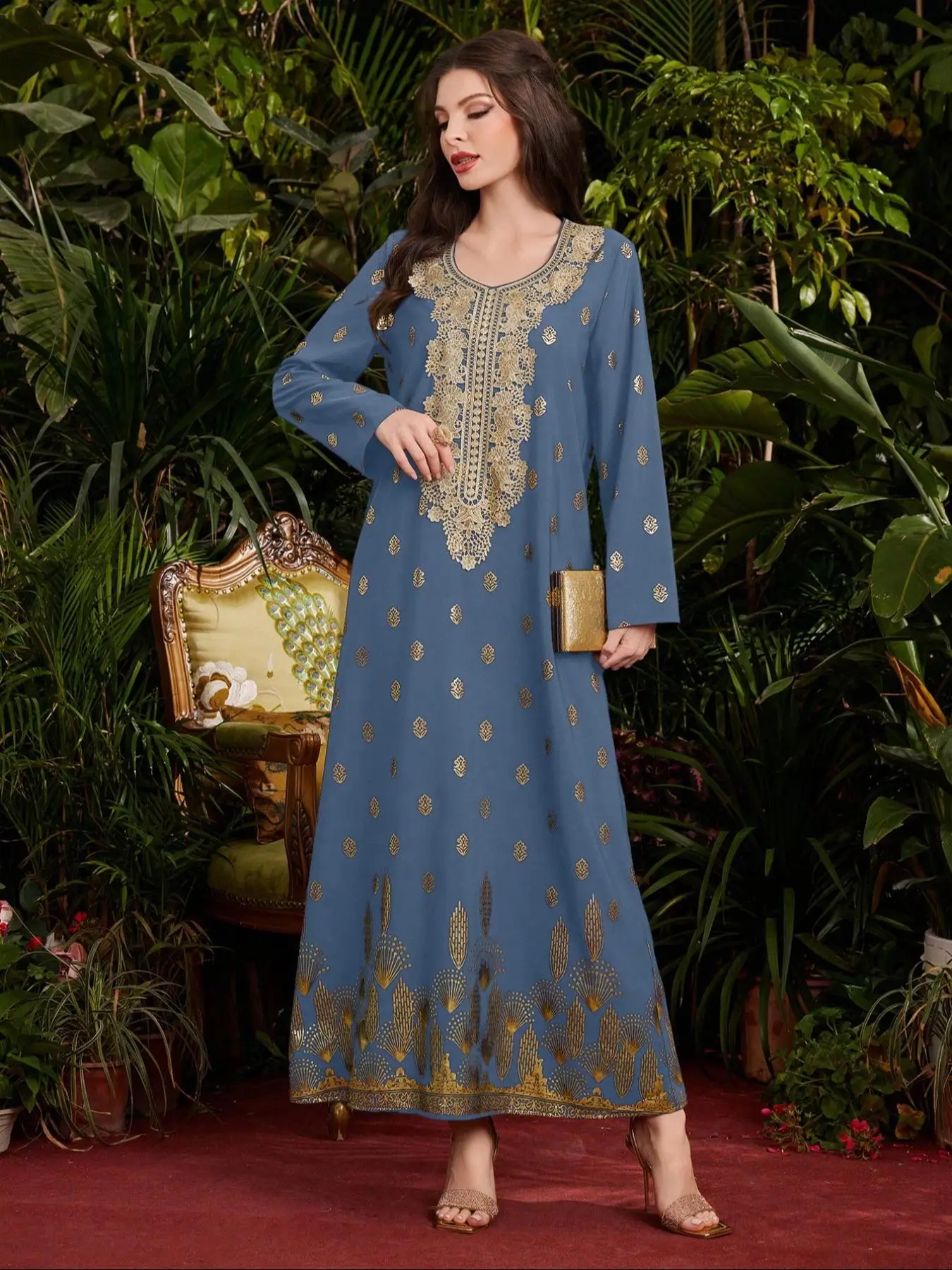 Women's Ethnic Pattern Long Sleeve Dress, Modest Long Dress for Party Wedding Guest, Ladies Islamic Clothing for All Seasons