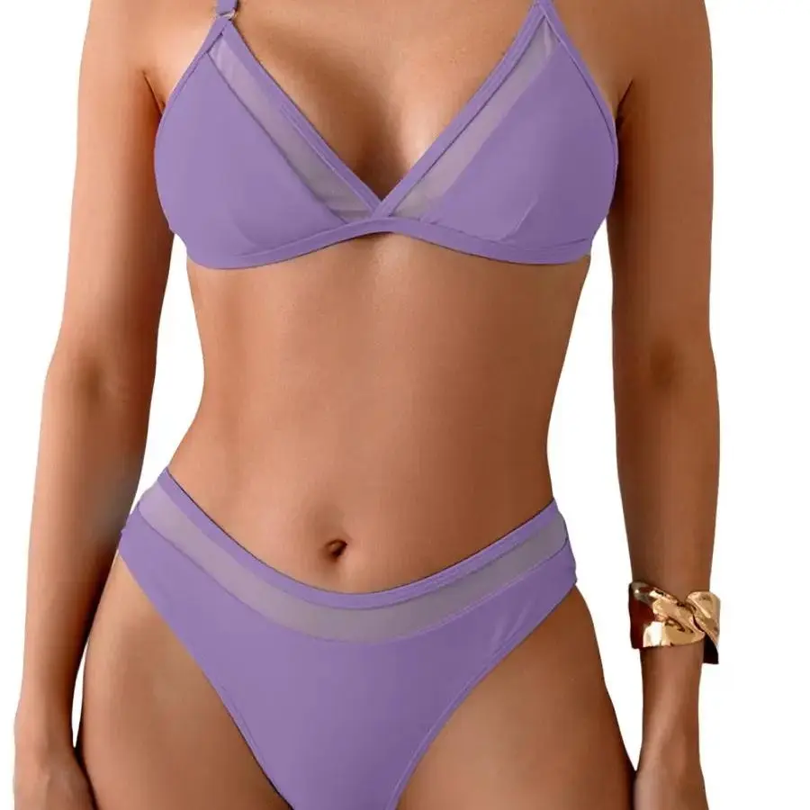 CALI CHIC Women's Lavender Patchwork Quick-Dry Mesh Halter Neck 2-Piece Swimsuit - Blended Nylon, Wireless Bra, Halter Stays Put, Celebrity-Inspired for Beach & Pool, Halter Neck Bikini