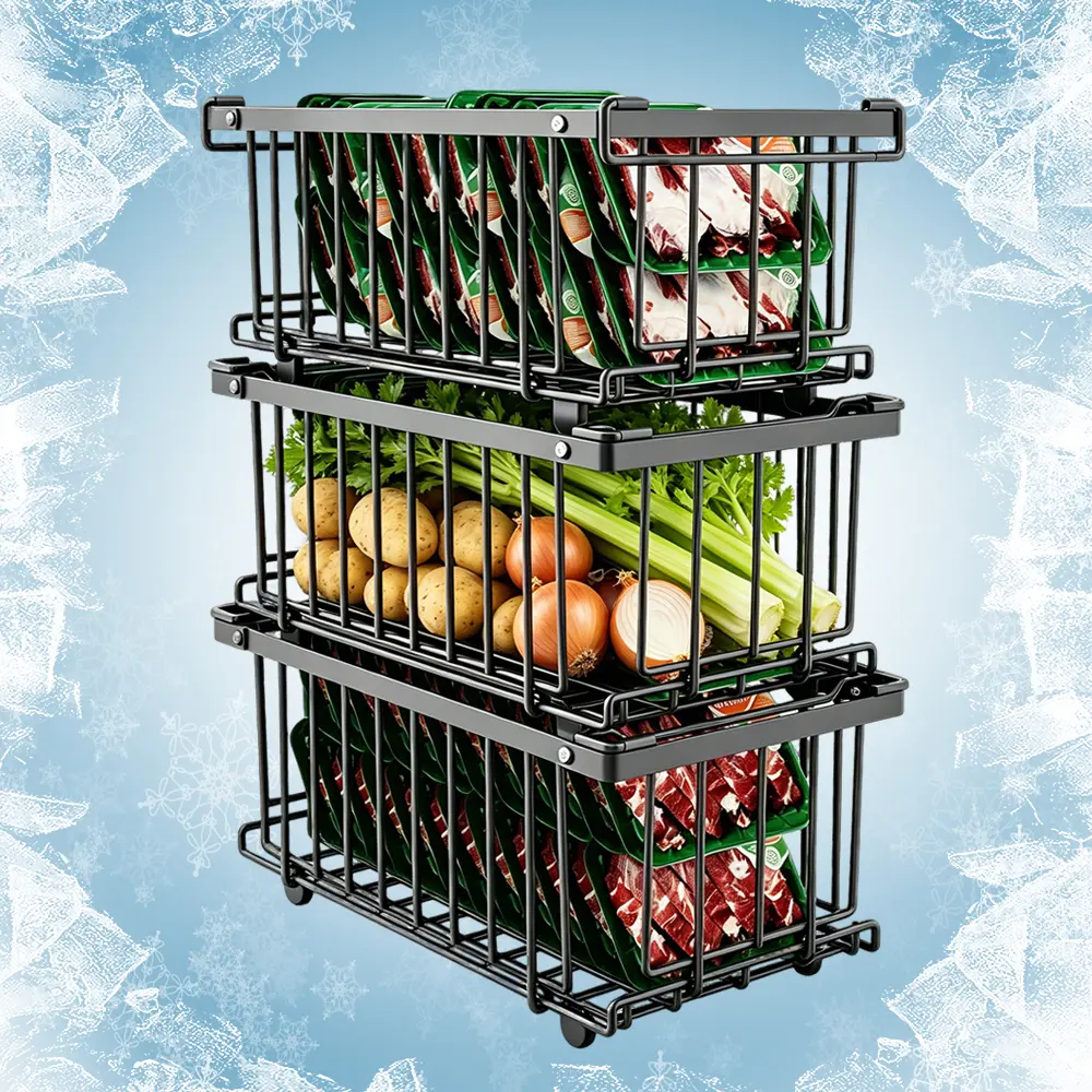 Stackable Metal Wire Baskets for Fridge Organization | Carbon Steel Kitchen Countertop Storage Bins | Food & Produce Organizer for Pantry, Freezer & Cabinet