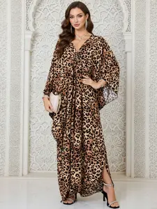 Women's Leopard Print Batwing Sleeve Split Hem Kaftan Dress, Casual V Neck 3/4 Sleeve Long Dress for Fall & Winter, Women's Islamic Clothing for Daily Wear
