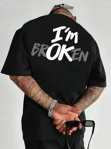 I'm OK Hidden Message Graphic T-Shirt, Two-Tone Brushstroke Text Print Tee, Oversized Crew Neck Shirt, Emo Casual Short Sleeve Top, Trendy Emotional Aesthetic Cotton Tee for Emo Fans, Streetwear Lovers and Mental Health Awareness Enthusiasts