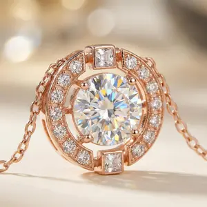 1ct Round VVS Synthetic Moissanite Flickering Halo Pendant Necklace, Copper Chain Hanging Home Decor, Jewelry Gift for Special Occasions with Jewelry Box and Certification, Synthetic Moissanite Chain