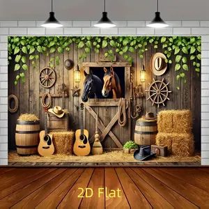 1pc 2d FLAT 243.84x182.88cm Polyester Party Banner-Rustic Country Barn Scene Backdrop, Farmhouse Musical Instruments & Horses Design, Versatile Indoor & Outdoor Decor for Room, Studio, Home & Garden Celebrations