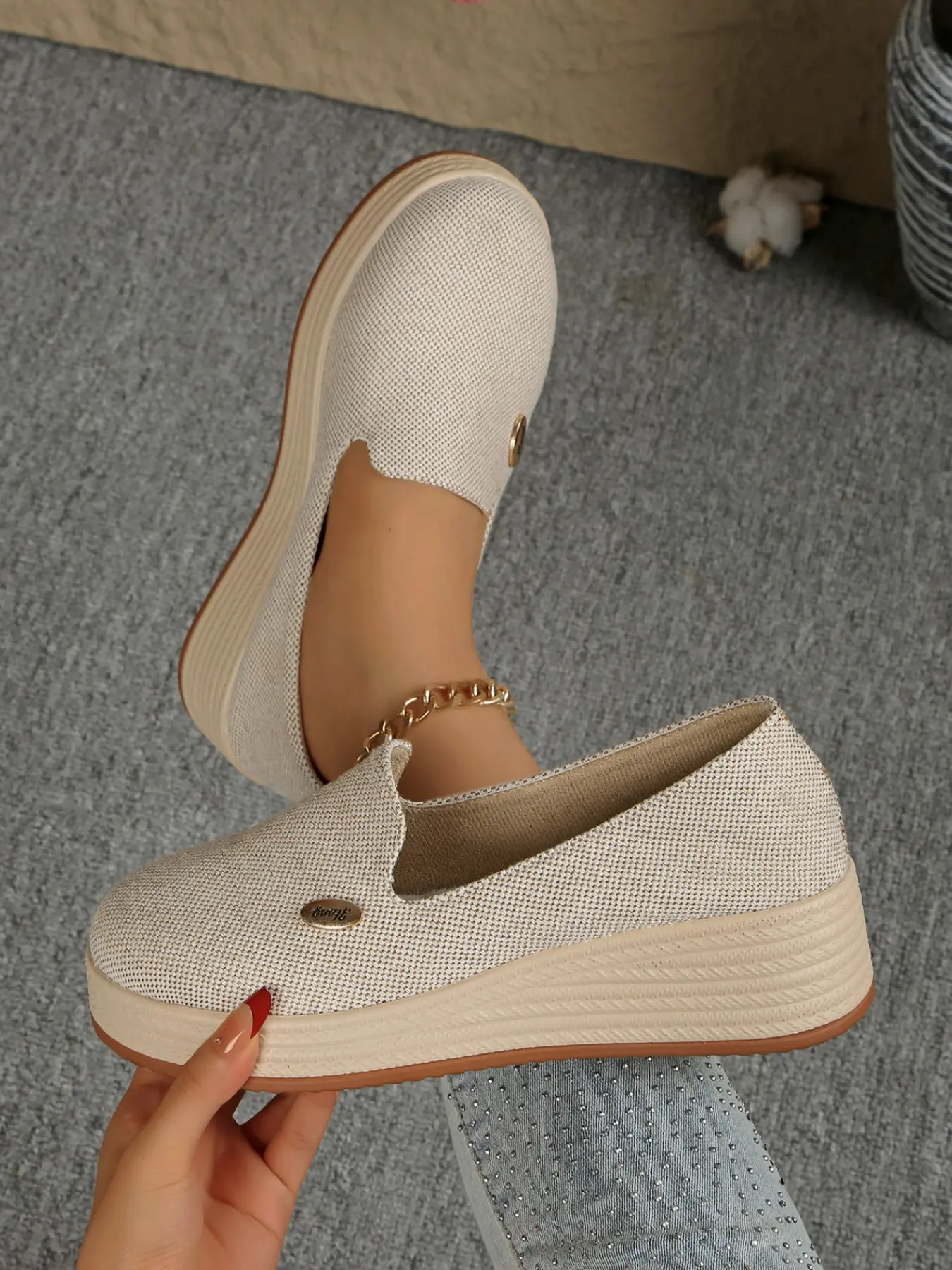 Women's Canvas Slip-On Loafers, Platform, Flatform, Textile Upper, Rubber Sole, Lightweight Height Increase, Casual Style, All-Season Footwear, Slip On Shoe, Slip Ins Shoes