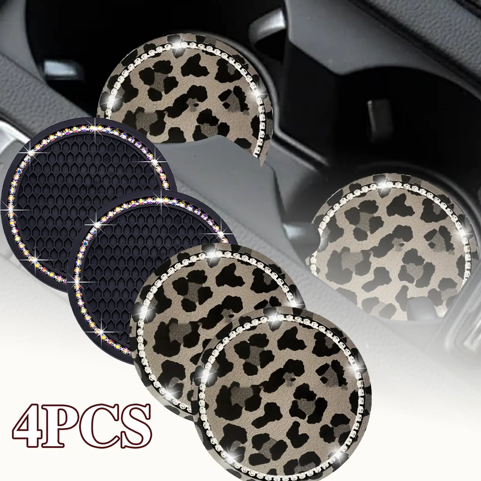 4PCS Car Cup Holder Coasters - No-Slip Silicone Bling Rhinestone Auto Coasters, Leopard Print + 2 Black, Universal Fit Cars Interior Stowing & Tidying Accessories for Women, Accessories For Car, Girly Car Accessories