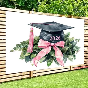 Custom Design Throws 2D Flat UV-Printed Background Cloth Banner, 1pc 2026 Graduation Cap Landscape Birthday Theme, Indoor-Outdoor Party Decoration